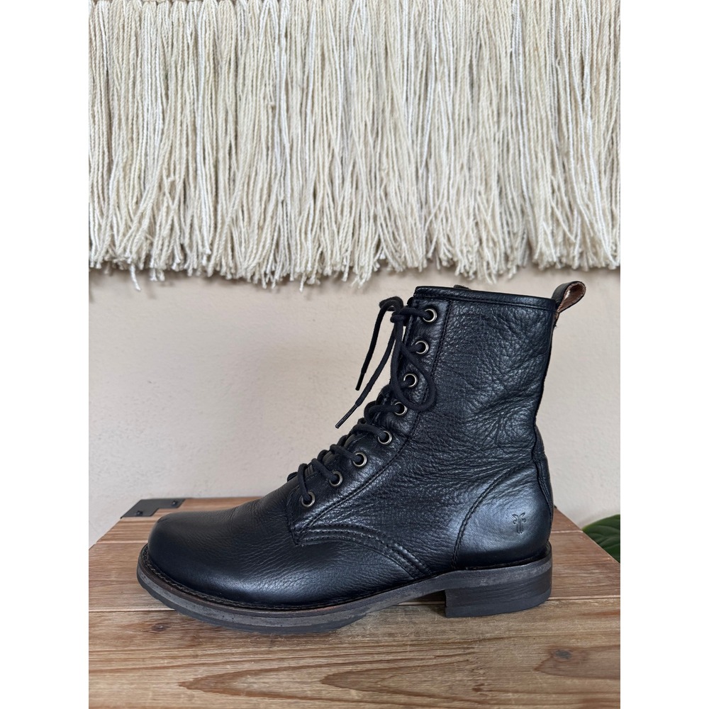 Frye Veronica Flex Combat Black Pebbled Leather Lace Front Ankle Boots Size 8 - Picture 5 of 12